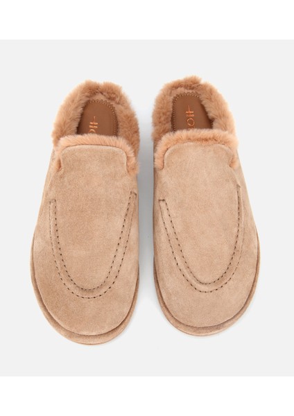 01TEH315350A300 KADIN Süet Deri Bej Içi Kürklü Düz Günlük Terlik