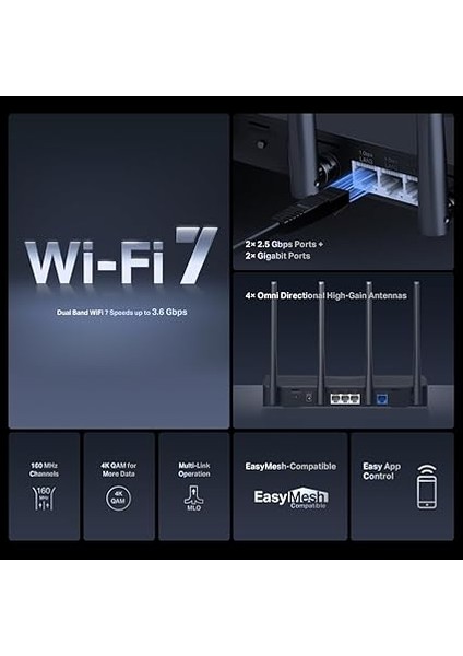MR27BE; BE3600 Mbps, Fiber Destekli, 2× 2.5 Gbps Wan&lan Port + 2× Gbps Port, Easy Mesh Uyumlu, Dual-Band Wi-Fi 7 Router modelleri