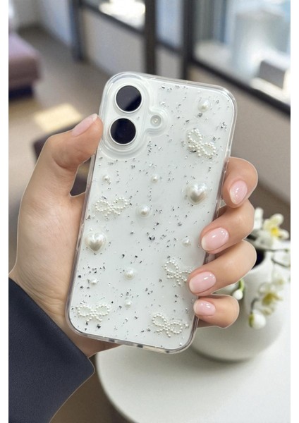 Apple iPhone 17 Uyumlu Inci Kalpli Fiyonk Şeffaf Kılıf Simli Darbeye Karşı Dayanıklı Kapak