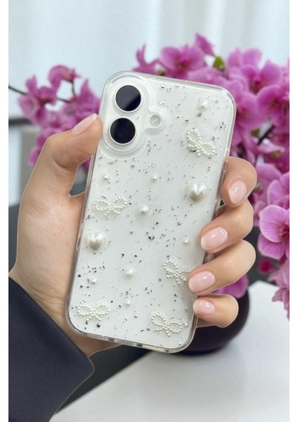 Apple iPhone 17 Uyumlu Inci Kalpli Fiyonk Şeffaf Kılıf Simli Darbeye Karşı Dayanıklı Kapak fiyatları