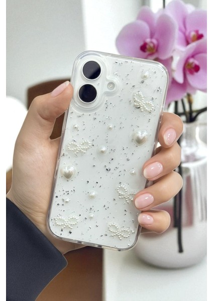 Apple iPhone 17 Uyumlu Inci Kalpli Fiyonk Şeffaf Kılıf Simli Darbeye Karşı Dayanıklı Kapak fırsatları