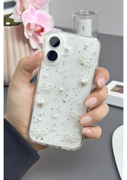 Apple iPhone 17 Uyumlu Inci Kalpli Fiyonk Şeffaf Kılıf Simli Darbeye Karşı Dayanıklı Kapak indirimleri