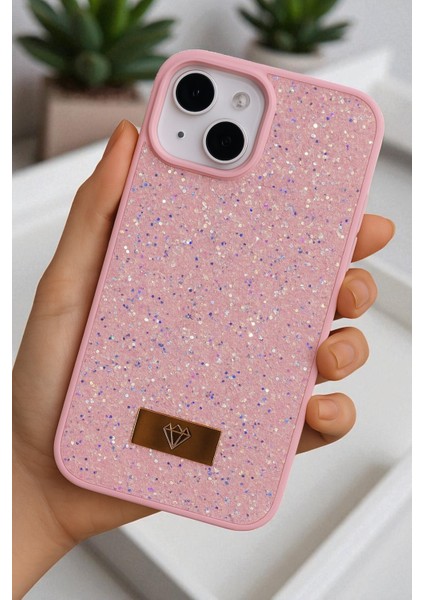 iPhone 14 Plus / 15 Plus Uyumlu – Elmas Tasarımlı, Pembe Taşlı, Işıltılı Pırlanta Silikon Kılıf