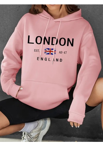 London Print Drawstring Hoodie, Casual Long Sleeve Hooded Sweatshirt