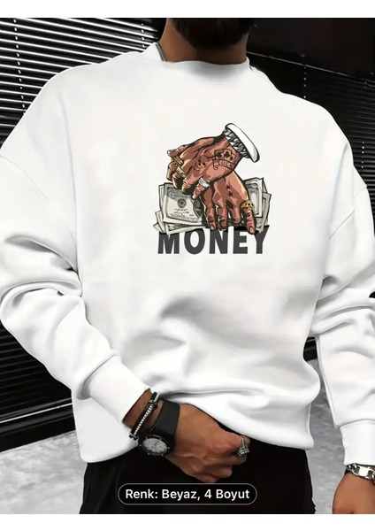 Para Baskılı Erkek Grafik Yuvarlak Yaka Sweatshirt, Gevşek Trendy Kazak, Erkek Giyim Sonbahar Için