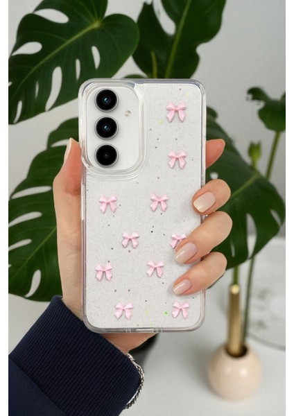 Samsung S23 Fe Uyumlu – Pembe Fiyonk Desenli, Parlak Simli, Şeffaf Yumuşak Silikon Kılıf modelleri