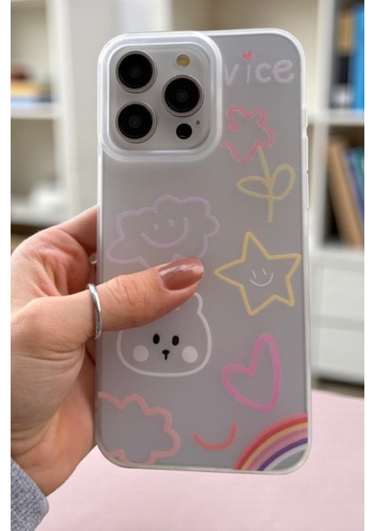 iPhone 15 Pro Max Uyumlu Nice Buzlu Görünüm Pastel Desenli Şeffaf Mat Silikon Kılıf