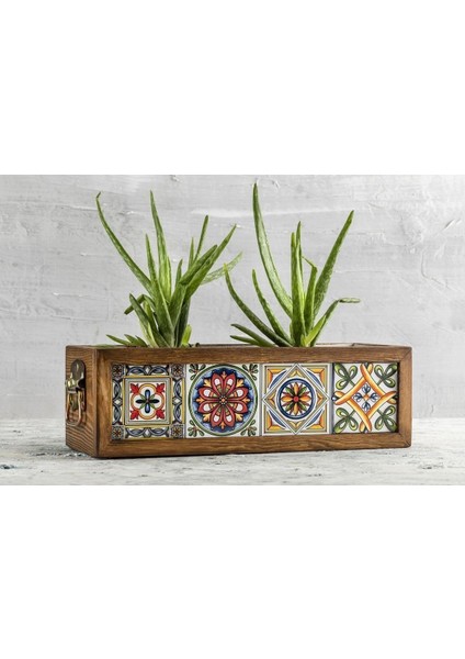 El Yapımı 4 Meksika Çinili Dekoratif Modern Ahşap Dikdörtgen Bahçe Balkon Saksı Saksılık Çiçeklik indirimleri