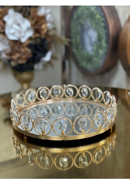 Kristal Taşlı Içi Cam Aynalı Tepsi 40 cm