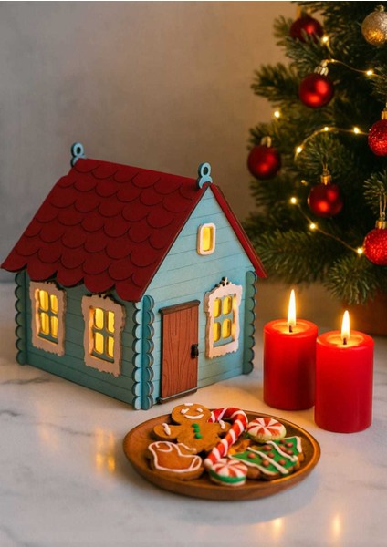 , 3mm Mdf turkuaz,kırmızı ve beyaz renk tonları kullanılmış 13 cm x14 cm x15 cm Noel Evi