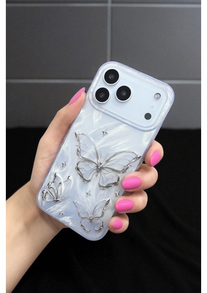 Apple iPhone 17 Pro Uyumlu – Tüylü Kelebek Desenli Yumuşak Silikon Kılıf, Darbeye Dayanıklı Kapak