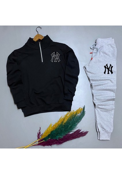 Yarım Fermuarlı Ny Baskılı Pamuklu Sweat-Eşofman Altı Takım Alt Üst 2'li