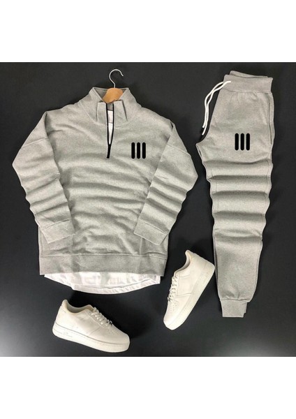 Unisex Üç Çizgi Baskılı Yarım Fermuarlı Sweatshirt-Eşofman Altı Set Kombin