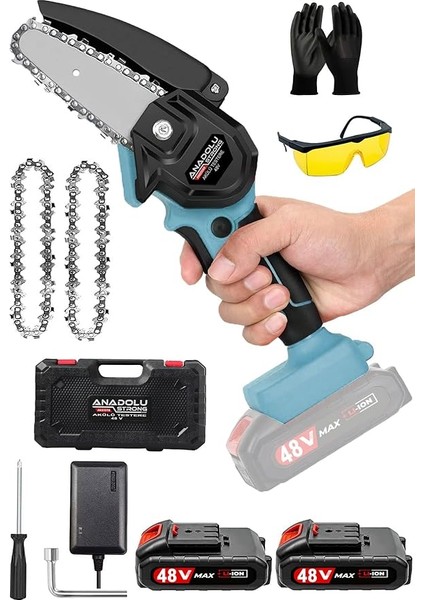 Çift Akülü Çift Zincirli Budama Testeresi Taşıma Çantalı 48V Şarjlı Testere Eldiven Hediyeli
