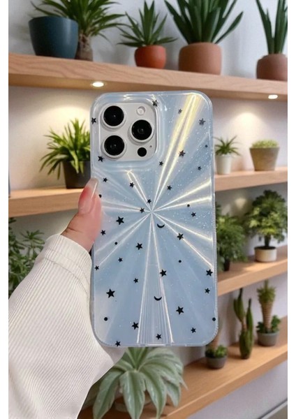 Apple iPhone 16 Pro Max Uyumlu Mavi Yıldız Patlaması Desenli Parlak Silikon Kılıf