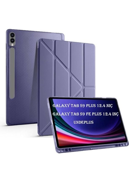 Galaxy Tab S9 Fe PLUS/S10 Plus ile Uyumlu Kılıf Kalem Bölmeli Trifolding Case X610 X616 X820 X826 X828 Lavendery Gray