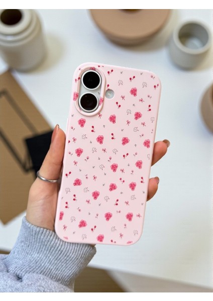iPhone 16 Uyumlu Pembe Çiçek Desenli Lansman Liquid Silikon Yumuşak Kılıf