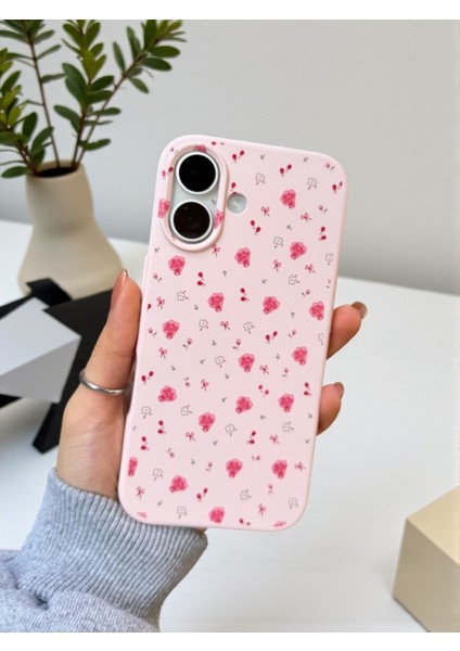 iPhone 16 Uyumlu Pembe Çiçek Desenli Lansman Liquid Silikon Yumuşak Kılıf modelleri