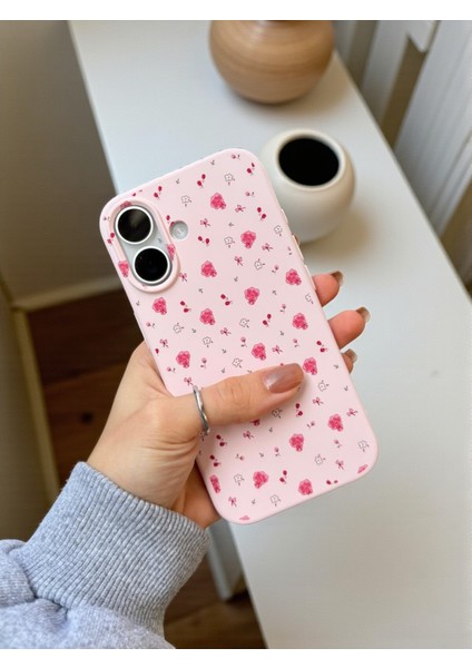 iPhone 16 Uyumlu Pembe Çiçek Desenli Lansman Liquid Silikon Yumuşak Kılıf