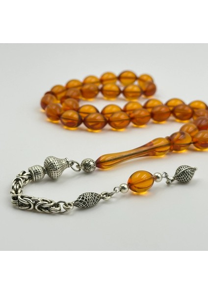 Eski Blok Zar Ateş Kehribar Gümüş Püsküllü Usta Yapımı Koleksiyonluk Tespih