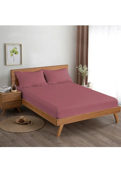 Pamuklu Ranforce Çift Kişilik Jumbo Boy 200X200 Lastikli Çarşaf Takımı - Gül Kurusu