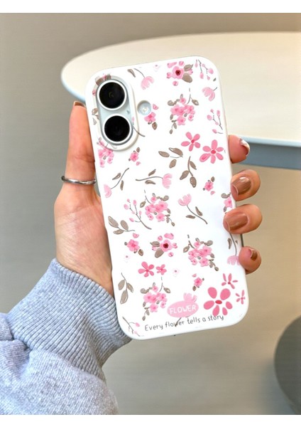 iPhone 16 Uyumlu Beyaz Çiçek Desenli Lansman Liquid Silikon Yumuşak Kılıf