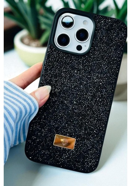 iPhone 15 Pro Max Uyumlu – Elmas Tasarımlı, Siyah Taşlı, Işıltılı Pırlanta Silikon Kılıf