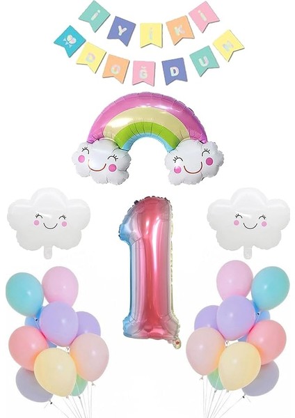 Yaş Gökkuşağı Bulut Konsepti Doğum Günü Parti Kutlama Seti
