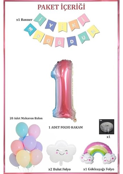 Yaş Gökkuşağı Bulut Konsepti Doğum Günü Parti Kutlama Seti modelleri
