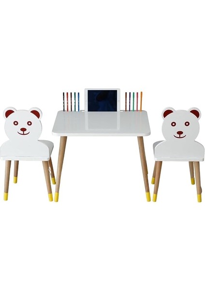 Aktivite Oyun Masa Sandalye Takımı -Tablet -Telefon -Kalem Yeri Olup Yaz Sil Yüzey Özellikli-Ayıcıklı Sandalye 2li 1masa