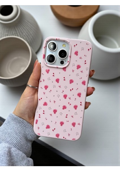 iPhone 14 Pro Max Uyumlu Pembe Çiçek Desenli Lansman Liquid Silikon Yumuşak Kılıf