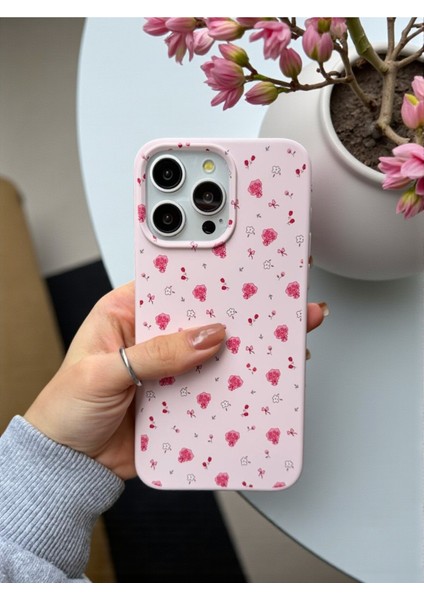 iPhone 14 Pro Max Uyumlu Pembe Çiçek Desenli Lansman Liquid Silikon Yumuşak Kılıf modelleri