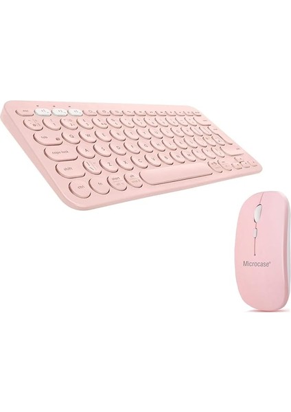 2in1 Yuvarlak Tuşlu Bluetooth Kablosuz Klavye 800-1200-1600 Dpı Bluetooth Kablosuz Mouse AL4812 (Pembe)