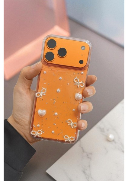 Apple iPhone 17 Pro Max Uyumlu Inci Kalpli Fiyonk Şeffaf Kılıf Simli Darbeye Karşı Dayanıklı Kapak indirimleri