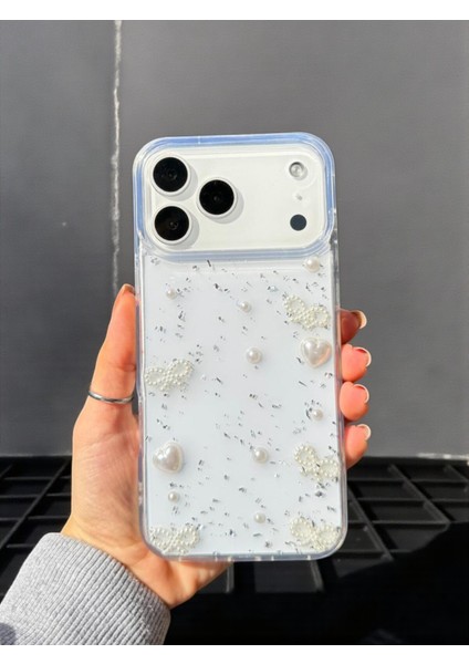 Apple iPhone 17 Pro Max Uyumlu Inci Kalpli Fiyonk Şeffaf Kılıf Simli Darbeye Karşı Dayanıklı Kapak