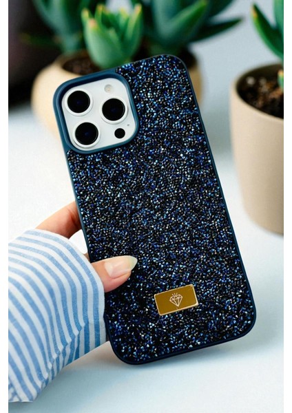 iPhone 15 Pro Max Uyumlu – Elmas Tasarımlı, Lacivert Taşlı, Işıltılı Pırlanta Silikon Kılıf