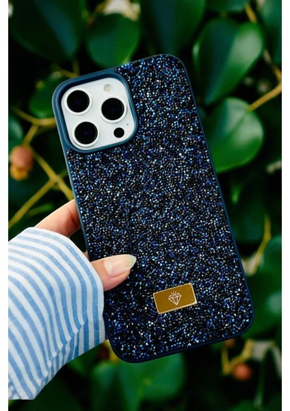 iPhone 15 Pro Max Uyumlu – Elmas Tasarımlı, Lacivert Taşlı, Işıltılı Pırlanta Silikon Kılıf
