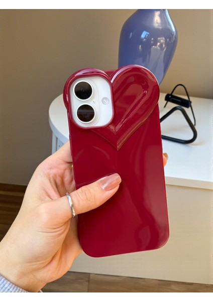 iPhone 16 Uyumlu 3D Kalp Tasarımlı Bordo Parlak Silikon Yumuşak Kılıf fiyatları