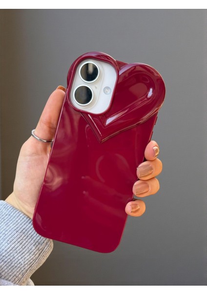 iPhone 16 Uyumlu 3D Kalp Tasarımlı Bordo Parlak Silikon Yumuşak Kılıf modelleri