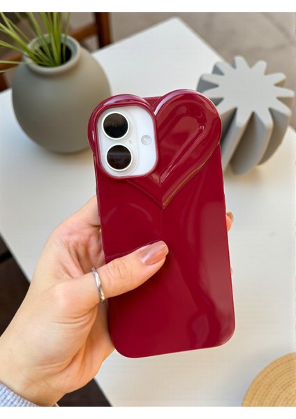 iPhone 16 Uyumlu 3D Kalp Tasarımlı Bordo Parlak Silikon Yumuşak Kılıf fırsatları
