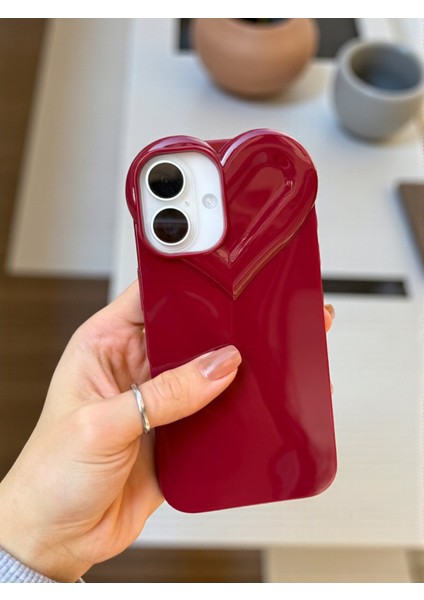 iPhone 16 Uyumlu 3D Kalp Tasarımlı Bordo Parlak Silikon Yumuşak Kılıf indirimleri