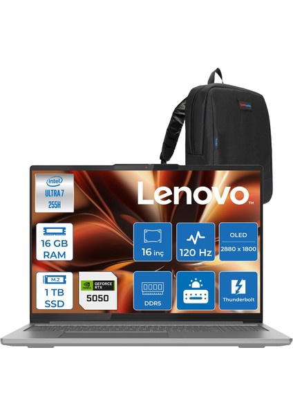 Ideapad Pro 5 Intel Core Ultra 7 255H 16GB 512GB+512GB SSD 8GB/RTX5050 16" 2.8k (2880X1800) OLED 1100NITS 120Hz Windows 11 Home Taşınabilir Bilgisayar 16IAH10505H33 + Zettaçanta