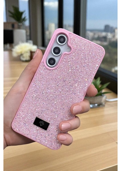 Samsung S23 Fe Uyumlu – Pembe Taşlı Işıltılı Yumuşak Silikon Kılıf, Darbeye Karşı Dayanıklı Kapak