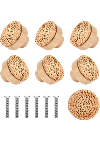 8pcs Rattan Rattan Dokuma Yuvarlak Ahşap Saplı Sap Dolap Kapısı Rattan Dokuma Ahşap Sap Tek Delikli Renk Kolu (Yurt Dışından)