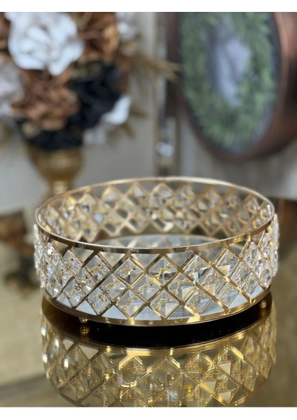 Kristal Taşlı Içi Cam Aynalı Tepsi 40 cm