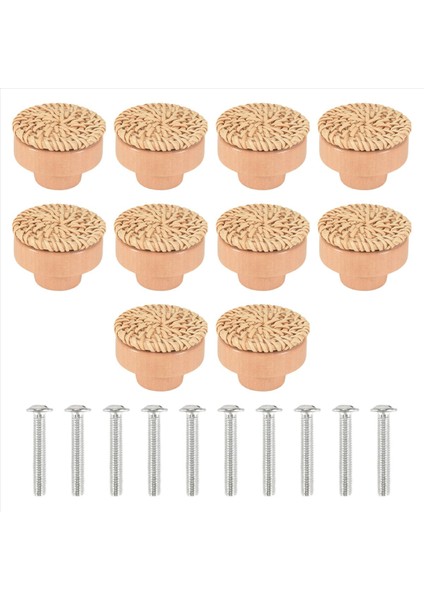 10PCS Boho Rattan Dresser Düğmeleri, Yuvarlak Ahşap Çekmece Düğmeleri Boho Mobilya Dekoratifi Için Çeker, (10 Düğme ve 10 Vida) (Yurt Dışından)