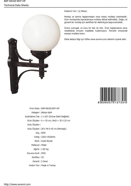 68160 Bahçe Aplik, 60 W, Siyah indirimleri