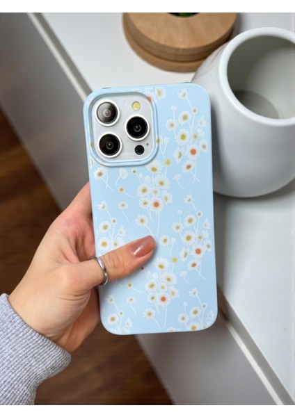 iPhone 16 Pro Uyumlu Papatya Desenli Mavi Lansman Liquid Silikon Kılıf