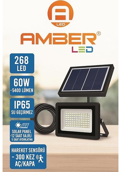 Led'li Solar Projektör – 60W, 5400 Lümen, 10 Metre Kablolu, IP65 Su Geçirmez, 6500K Beyaz Işık, Hareket Sensörlü Güneş Enerjili Dış Mekan Aydınlatma fiyatları