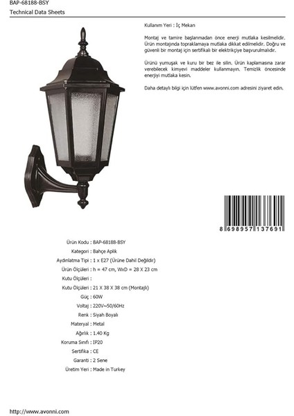 68188 Bahçe Aplik, 60 W, Siyah modelleri